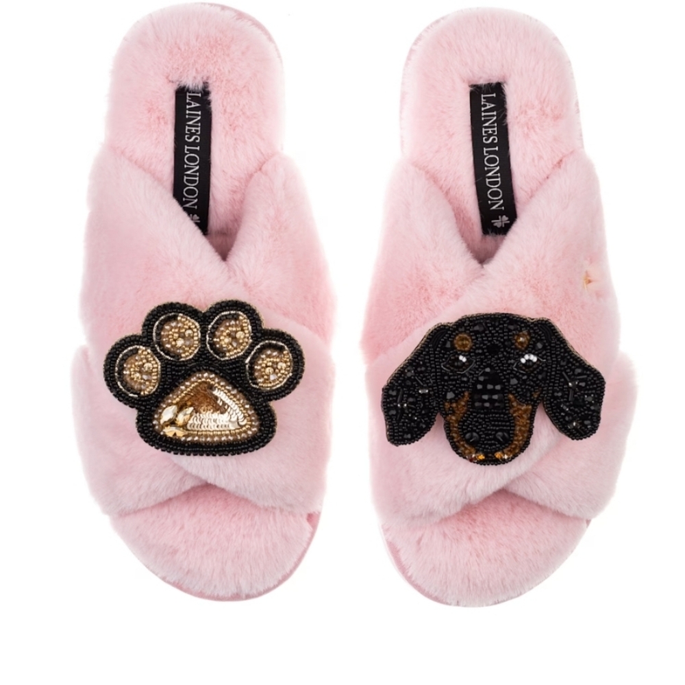 Laines London Slippers Little Sausage The Dachshund Pink Dog Paw Slippers Size M